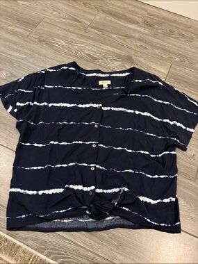 Style & Co. Navy and White Striped Tie-Front Button Blouse
